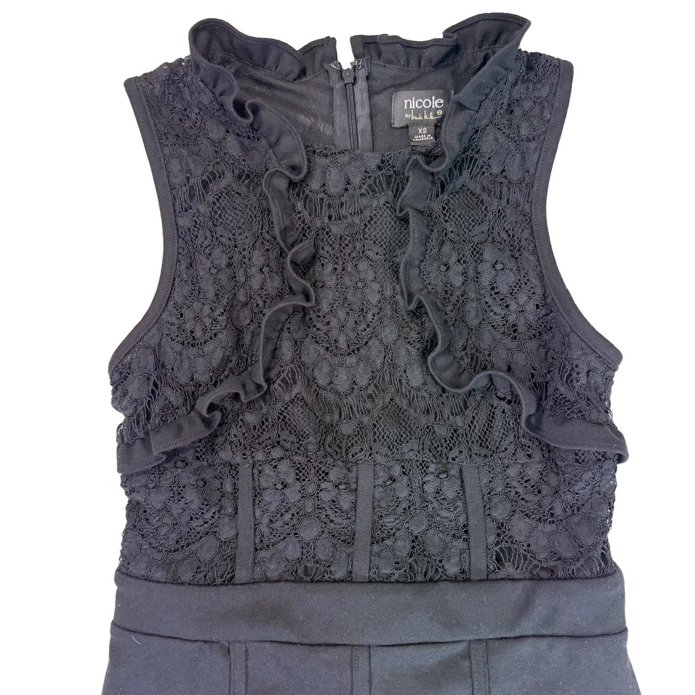 Nicole Miller Black Lace Midi Dress XS Ruffle Romantic Cocktail Bodycon Sheath - Picture 3 of 12